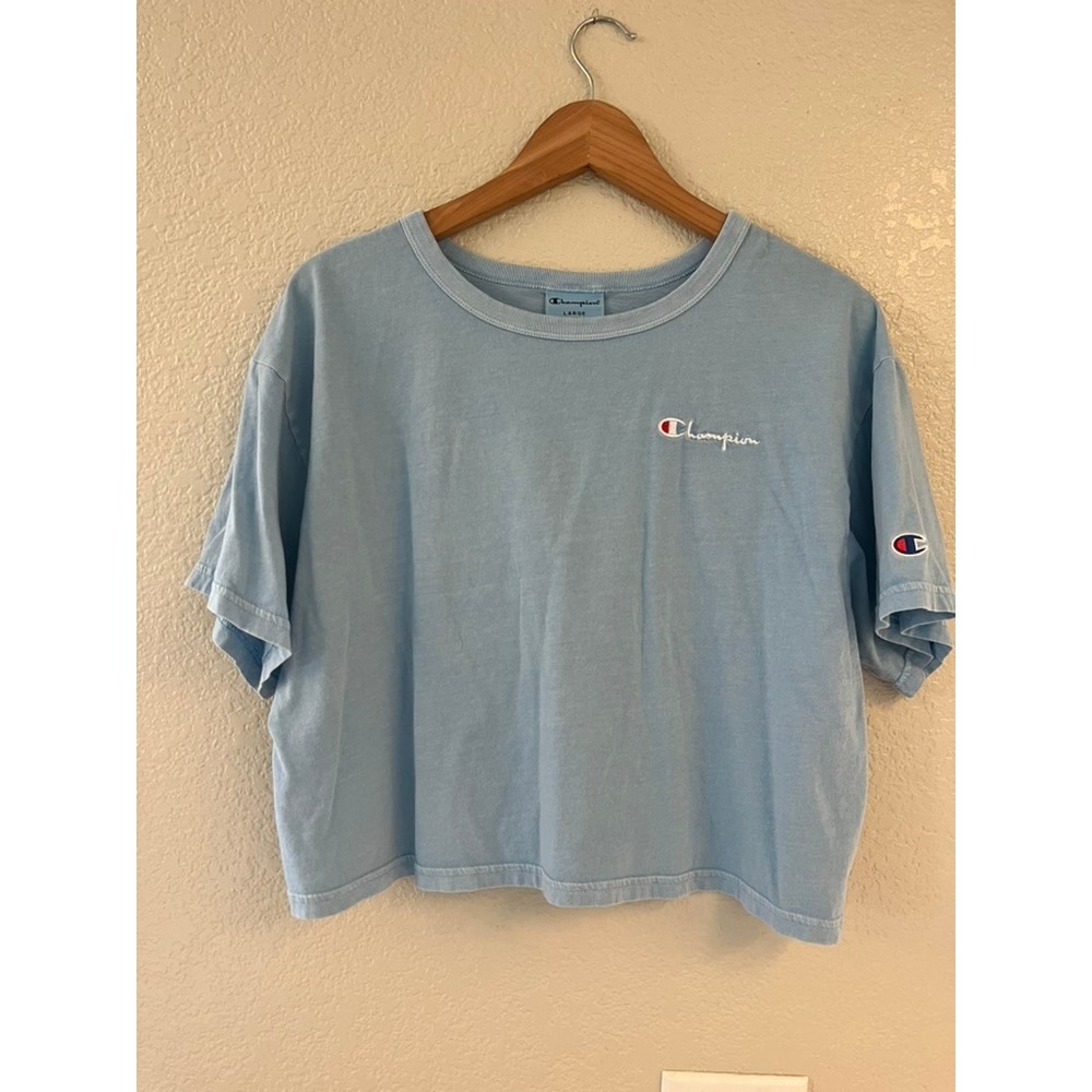 Champion Heritage Light Blue Cropped T-Shirt Script Logo WL2414 Womens Large